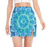 Blue Vishuddha Chakra Mandala Print Side Slit Mini Skirt