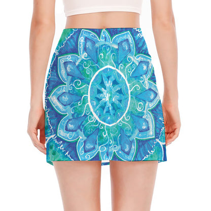 Blue Vishuddha Chakra Mandala Print Side Slit Mini Skirt