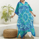 Blue Vishuddha Chakra Mandala Print Silk V-Neck Kaftan Dress