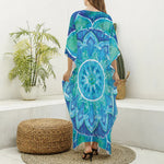 Blue Vishuddha Chakra Mandala Print Silk V-Neck Kaftan Dress