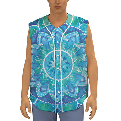 Blue Vishuddha Chakra Mandala Print Sleeveless Baseball Jersey