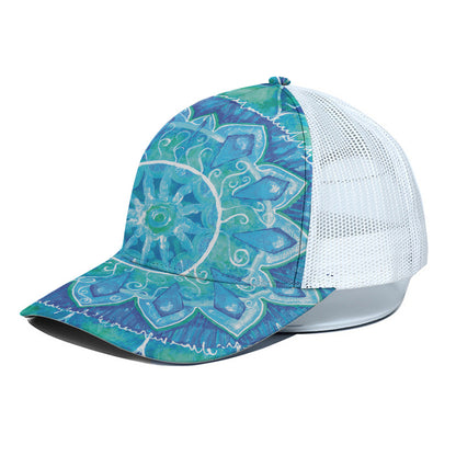 Blue Vishuddha Chakra Mandala Print White Mesh Trucker Cap
