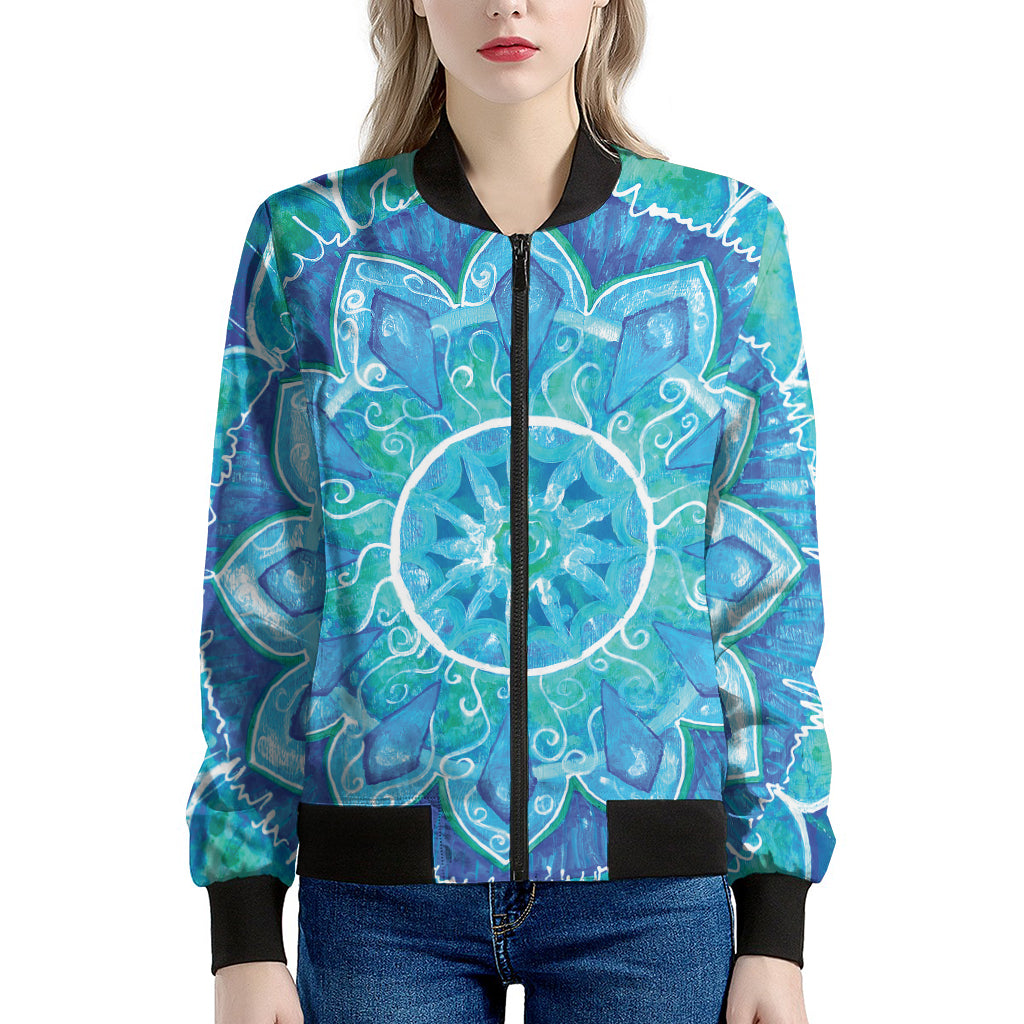 Blue Vishuddha Chakra Mandala Print Women's Bomber Jacket