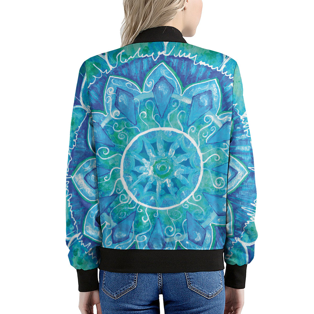 Blue Vishuddha Chakra Mandala Print Women's Bomber Jacket