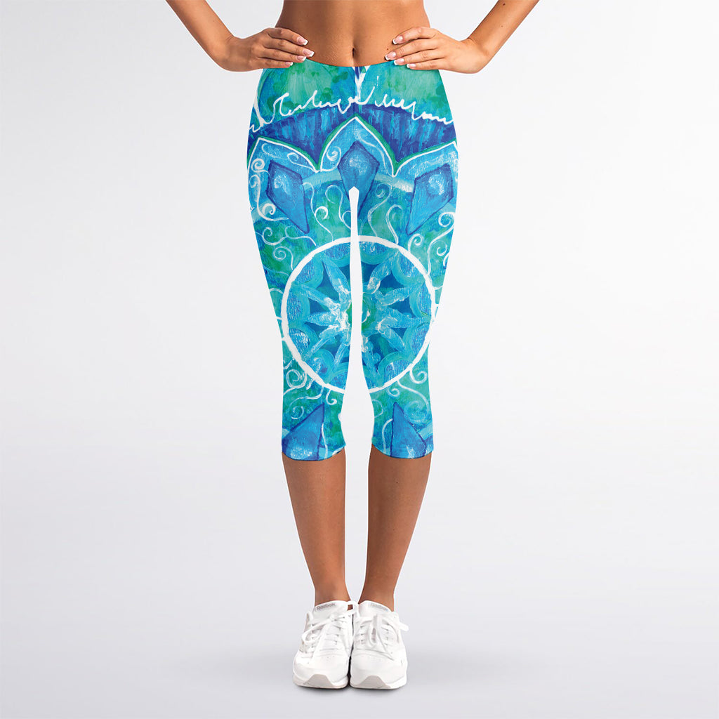 Blue Vishuddha Chakra Mandala Print Women's Capri Leggings
