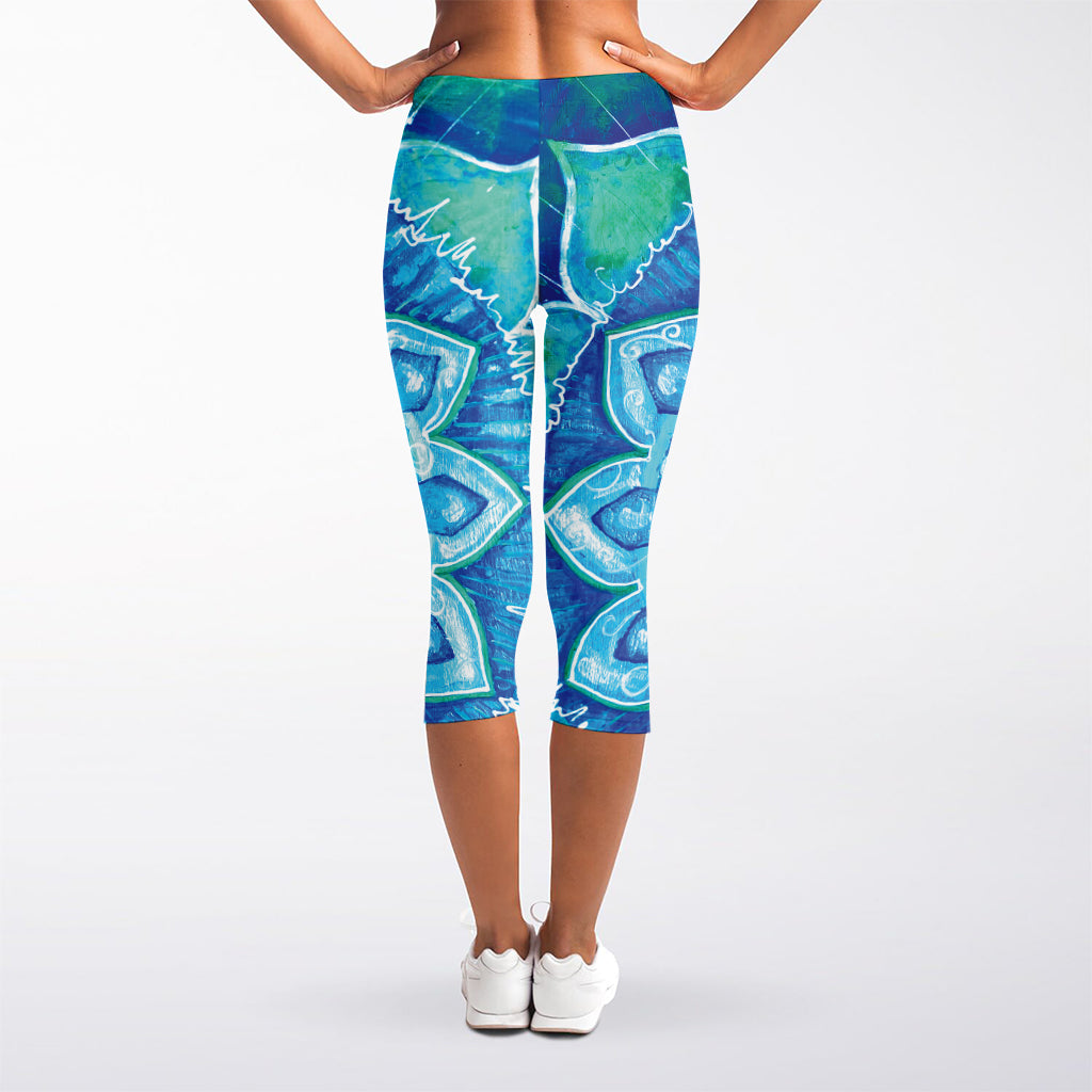 Blue Vishuddha Chakra Mandala Print Women's Capri Leggings