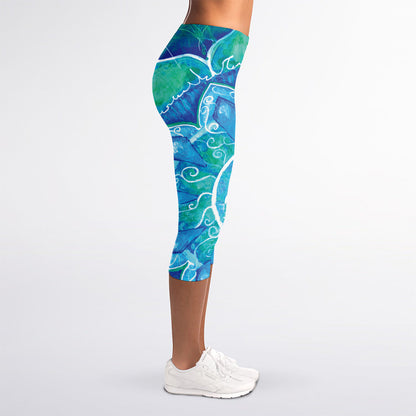 Blue Vishuddha Chakra Mandala Print Women's Capri Leggings