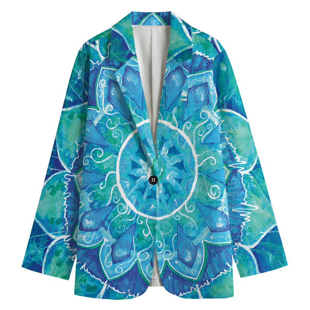 Blue Vishuddha Chakra Mandala Print Women's Cotton Blazer