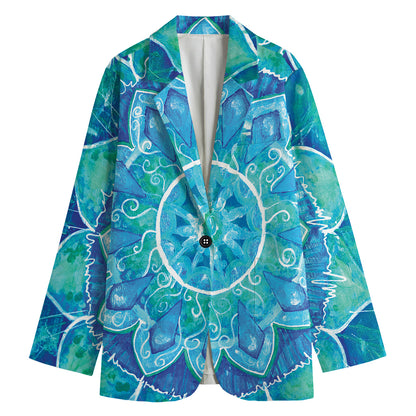 Blue Vishuddha Chakra Mandala Print Women's Cotton Blazer