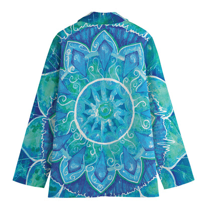 Blue Vishuddha Chakra Mandala Print Women's Cotton Blazer