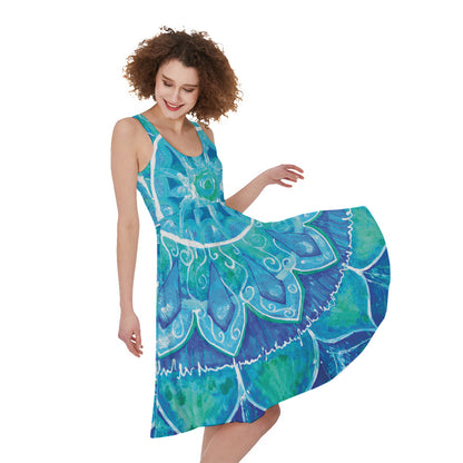Blue Vishuddha Chakra Mandala Print Women's Sleeveless Dress