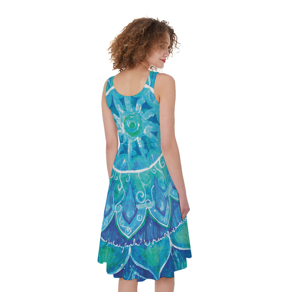 Blue Vishuddha Chakra Mandala Print Women's Sleeveless Dress