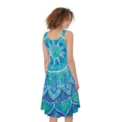 Blue Vishuddha Chakra Mandala Print Women's Sleeveless Dress