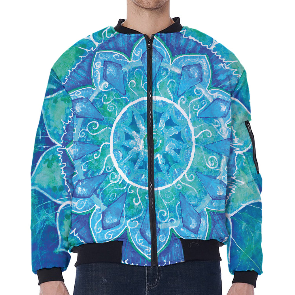 Blue Vishuddha Chakra Mandala Print Zip Sleeve Bomber Jacket