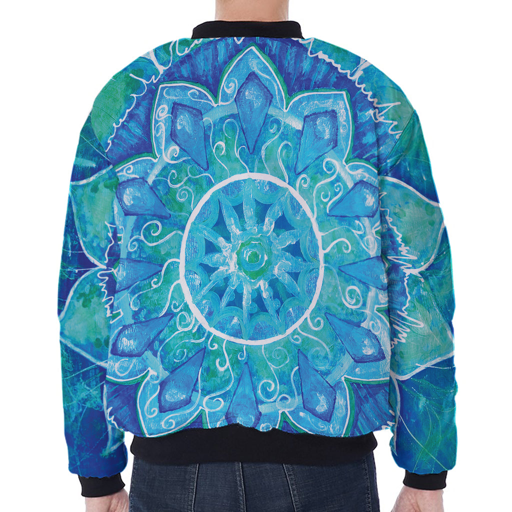 Blue Vishuddha Chakra Mandala Print Zip Sleeve Bomber Jacket