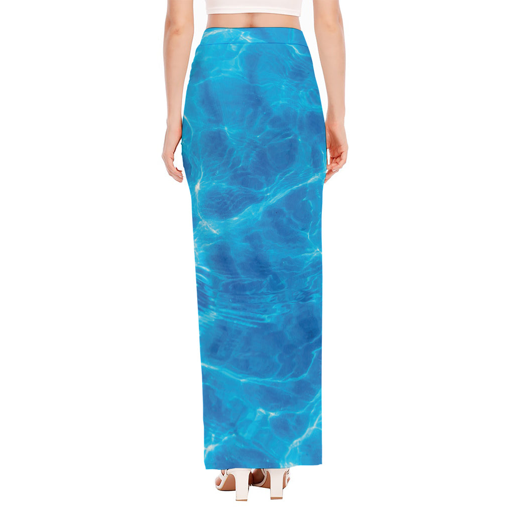 Blue Water Surface Print High Slit Maxi Skirt