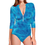 Blue Water Surface Print Long Sleeve Swimsuit