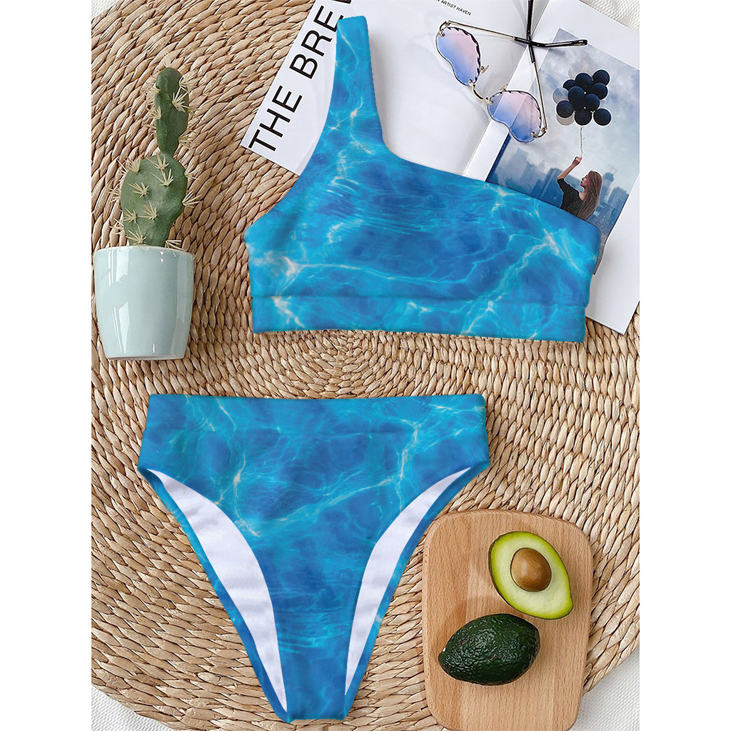 Blue Water Surface Print One Shoulder Bikini Top