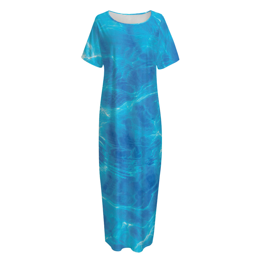 Blue Water Surface Print Short Sleeve Long Nightdress