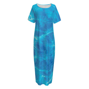 Blue Water Surface Print Short Sleeve Long Nightdress