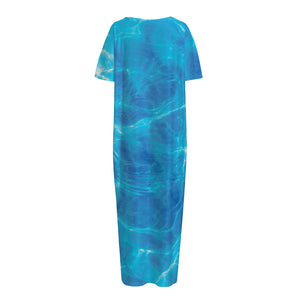 Blue Water Surface Print Short Sleeve Long Nightdress