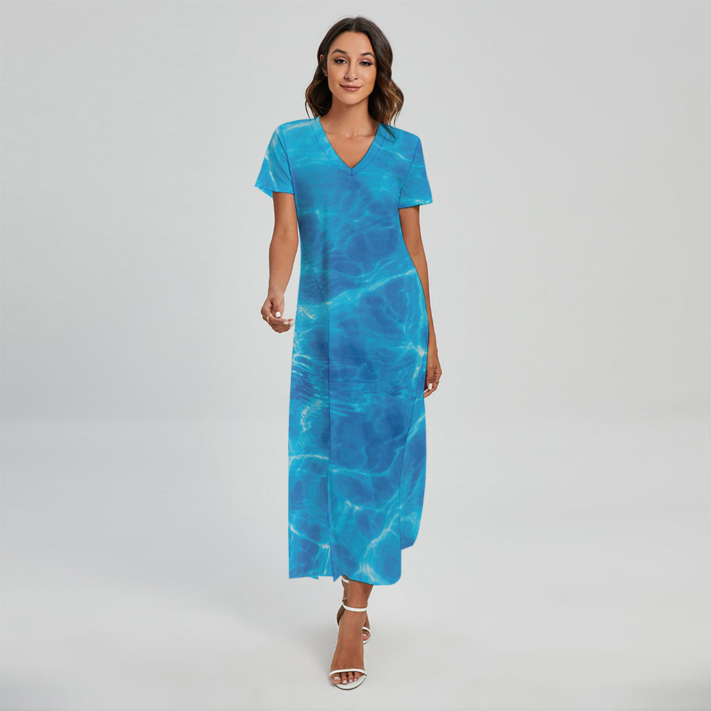 Blue Water Surface Print Short Sleeve Maxi Dress