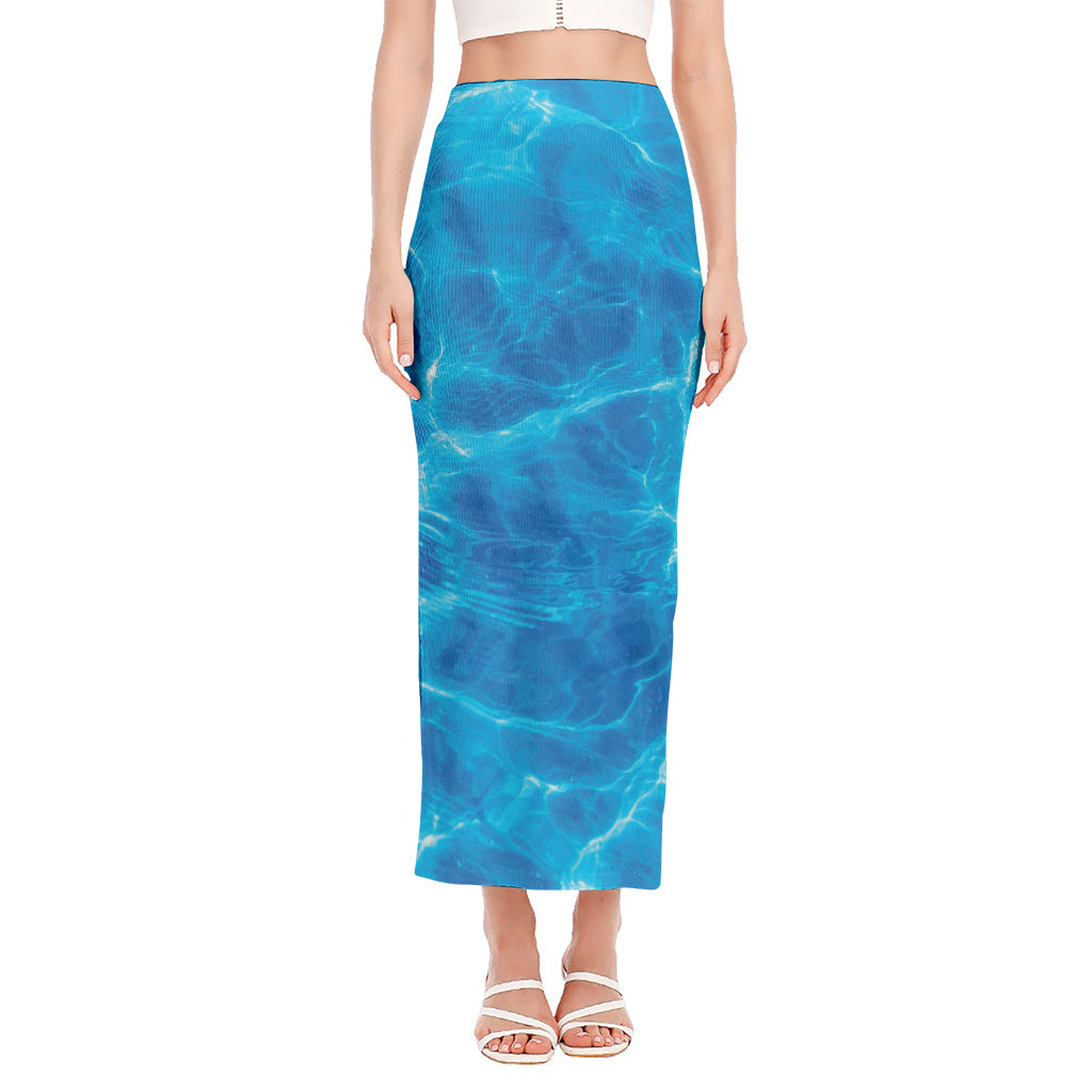 Blue Water Surface Print Side Slit Maxi Skirt