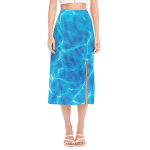 Blue Water Surface Print Side Slit Midi Skirt