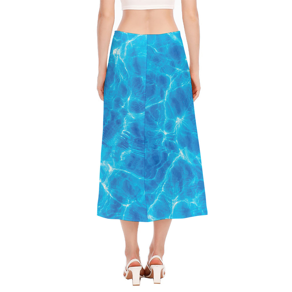 Blue Water Surface Print Side Slit Midi Skirt