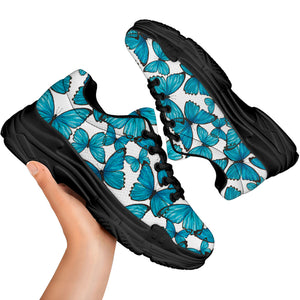 Blue Watercolor Butterfly Pattern Print Black Chunky Shoes