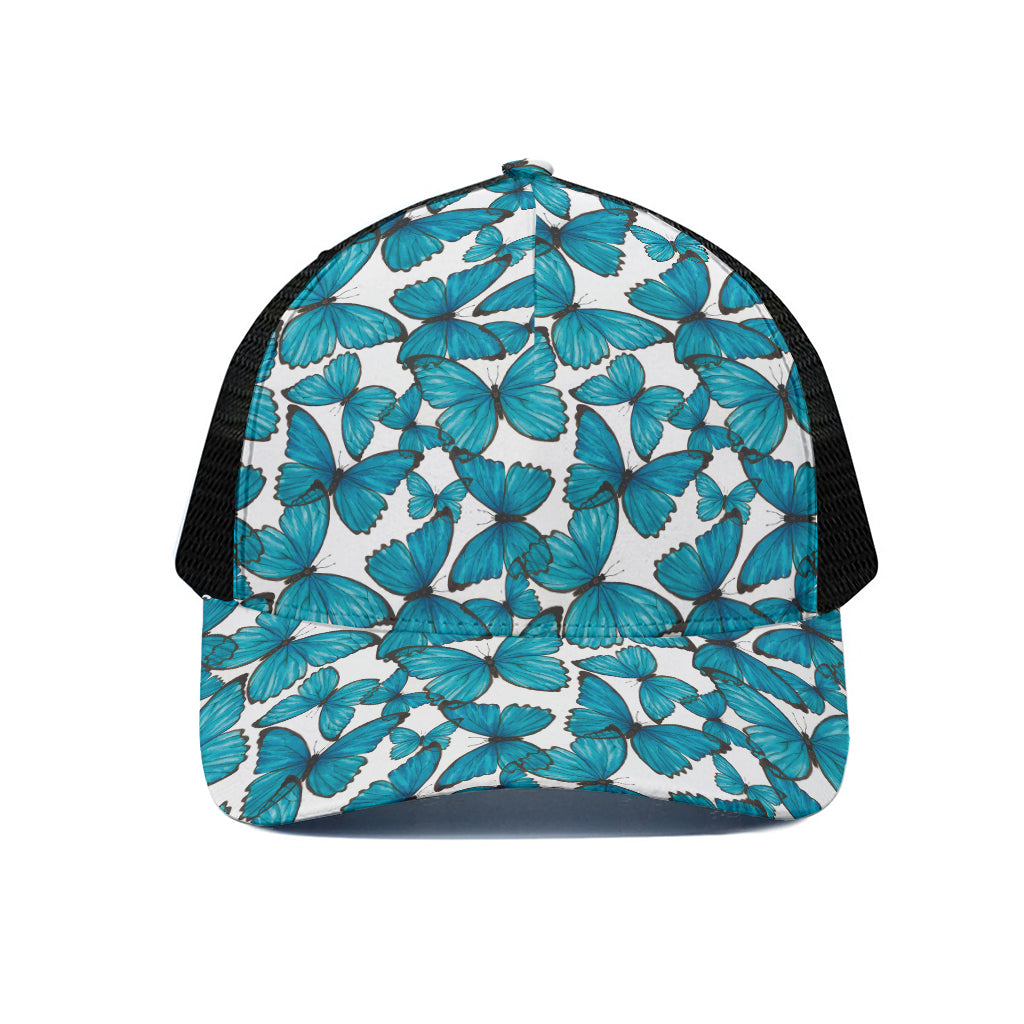 Blue Watercolor Butterfly Pattern Print Black Mesh Trucker Cap