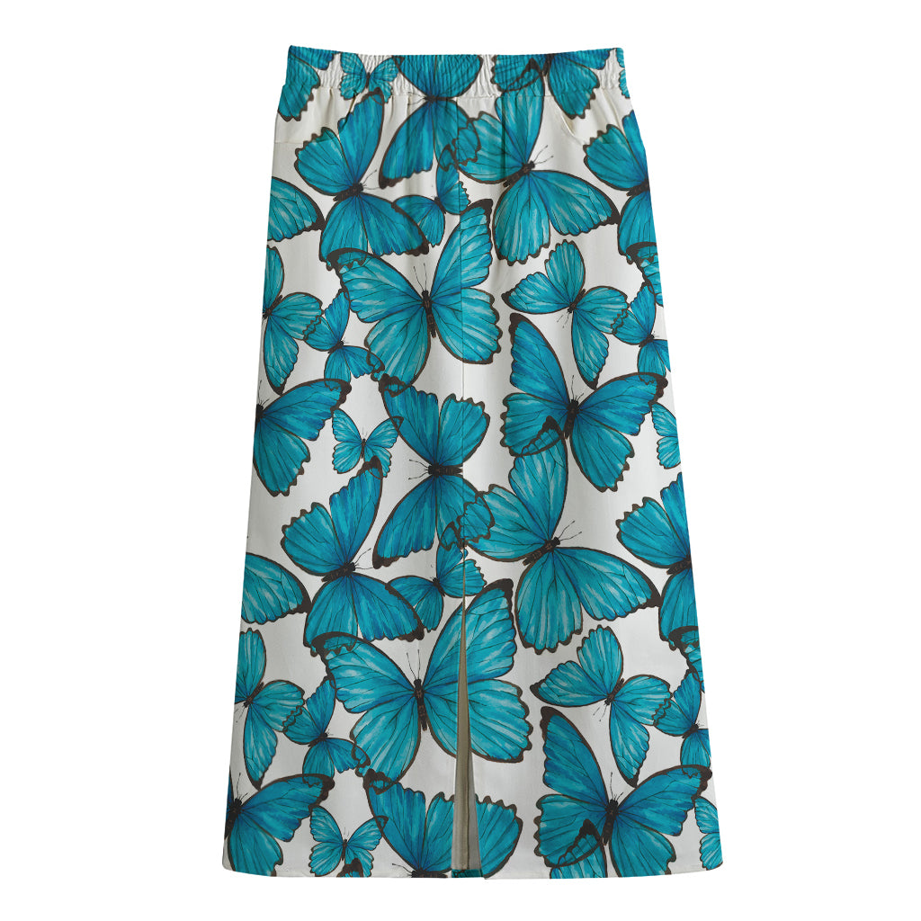 Blue Watercolor Butterfly Pattern Print Cotton Front Slit Maxi Skirt