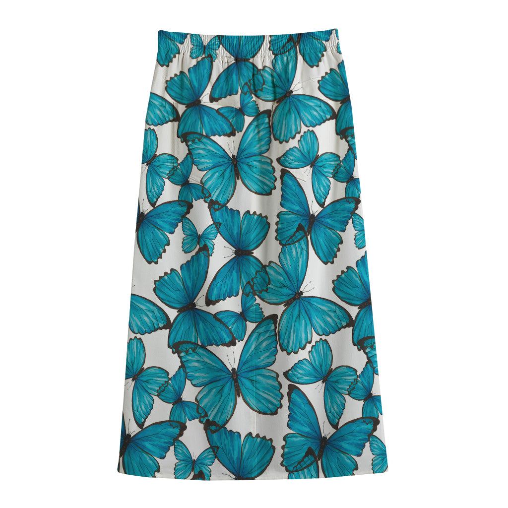 Blue Watercolor Butterfly Pattern Print Cotton Front Slit Maxi Skirt