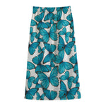 Blue Watercolor Butterfly Pattern Print Cotton Front Slit Maxi Skirt