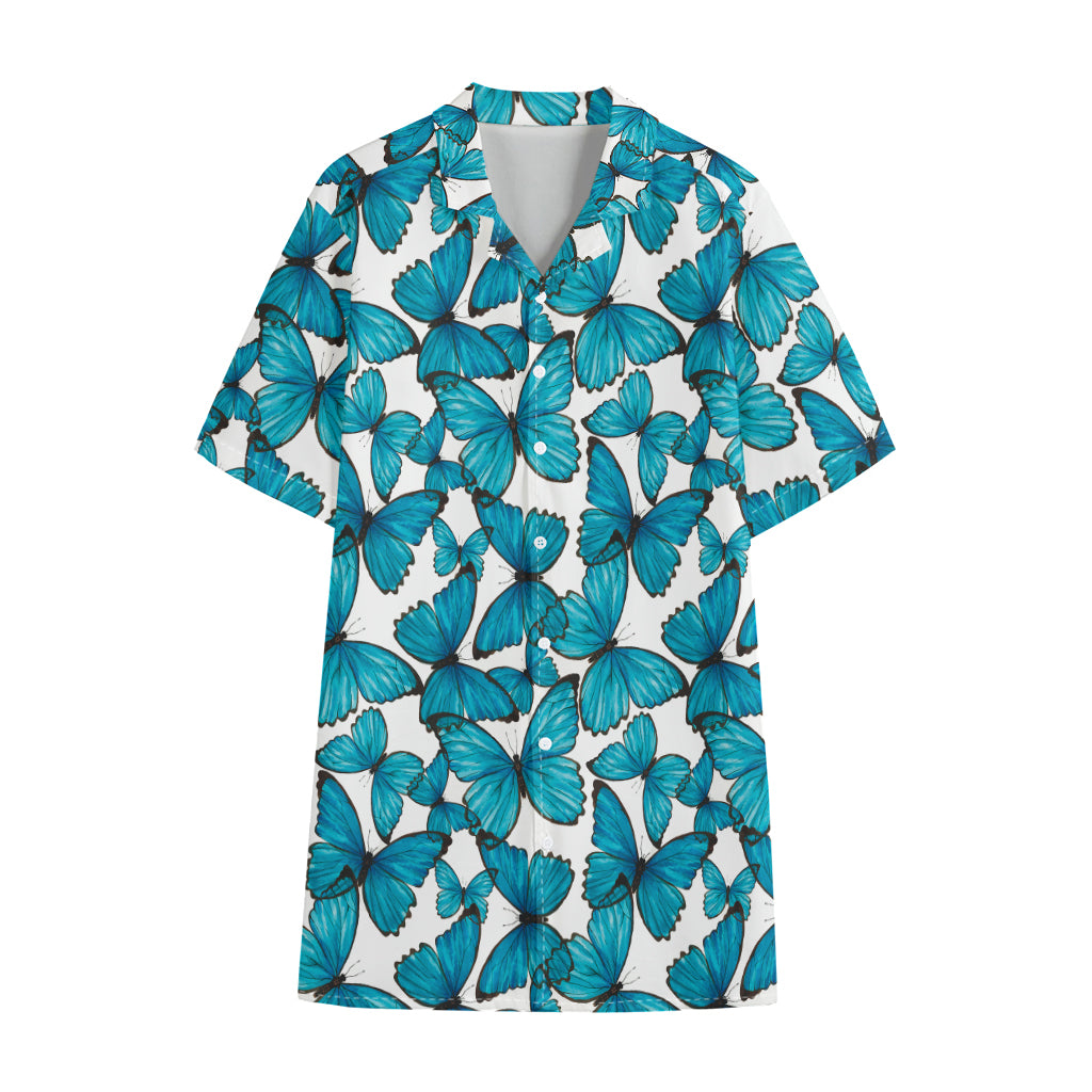 Blue Watercolor Butterfly Pattern Print Cotton Hawaiian Shirt