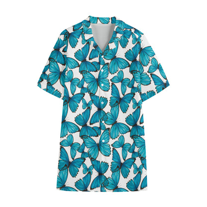 Blue Watercolor Butterfly Pattern Print Cotton Hawaiian Shirt
