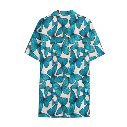 Blue Watercolor Butterfly Pattern Print Cotton Hawaiian Shirt