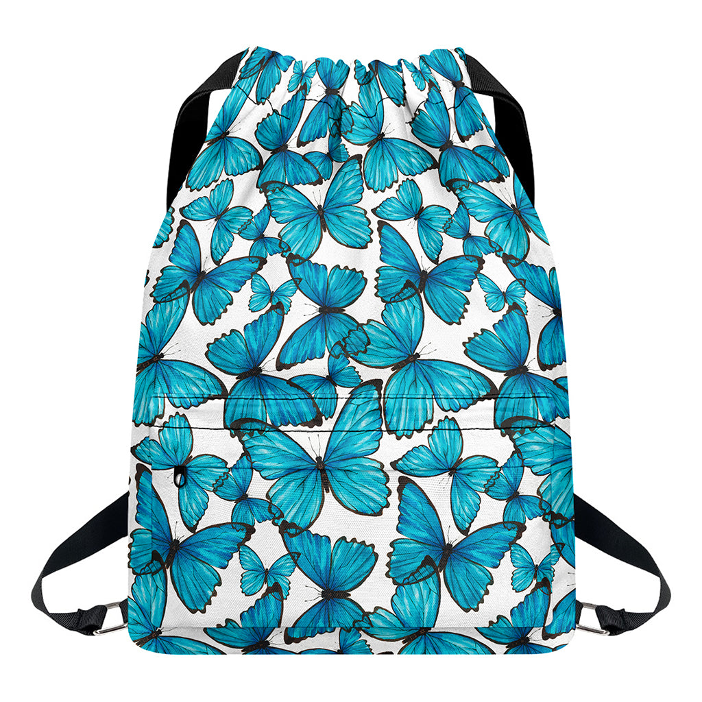 Blue Watercolor Butterfly Pattern Print Drawstring Backpack