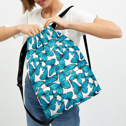 Blue Watercolor Butterfly Pattern Print Drawstring Backpack