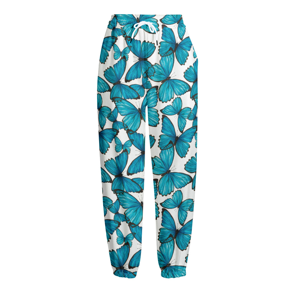 Blue Watercolor Butterfly Pattern Print Fleece Lined Knit Pants