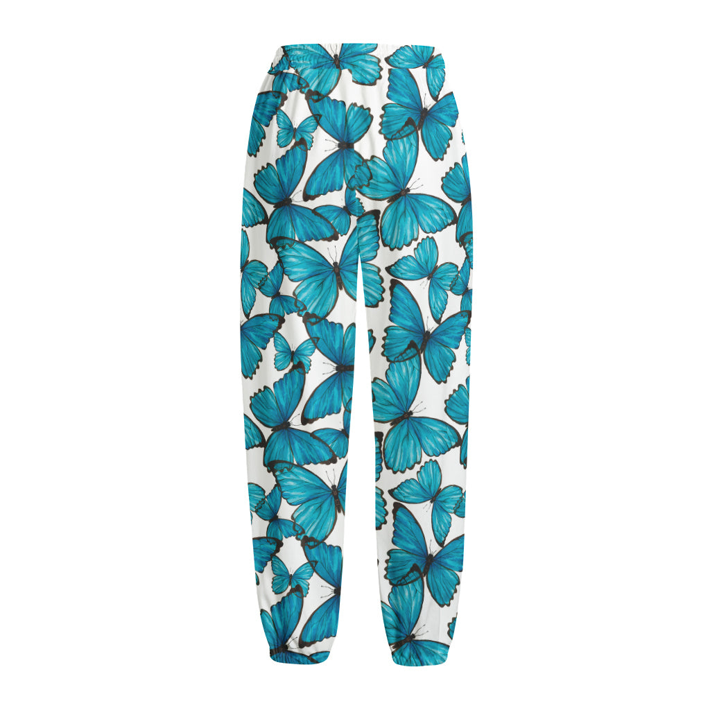 Blue Watercolor Butterfly Pattern Print Fleece Lined Knit Pants