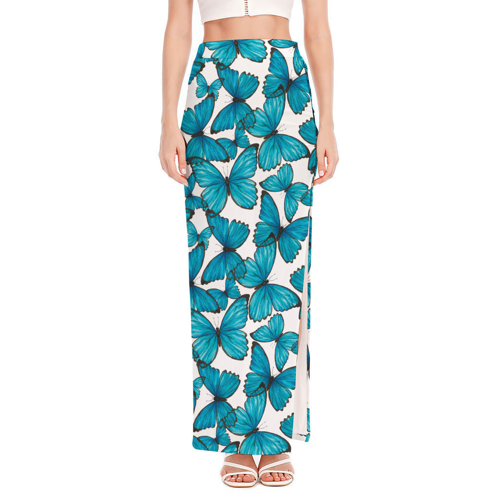 Blue Watercolor Butterfly Pattern Print High Slit Maxi Skirt