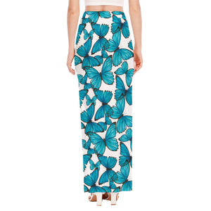 Blue Watercolor Butterfly Pattern Print High Slit Maxi Skirt