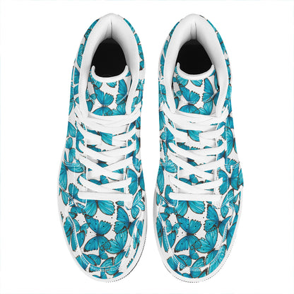 Blue Watercolor Butterfly Pattern Print High Top Leather Sneakers