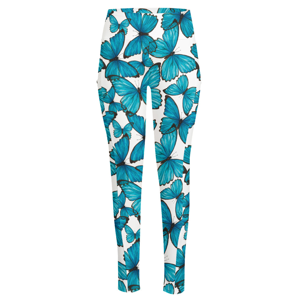 Blue Watercolor Butterfly Pattern Print High-Waisted Pocket Leggings