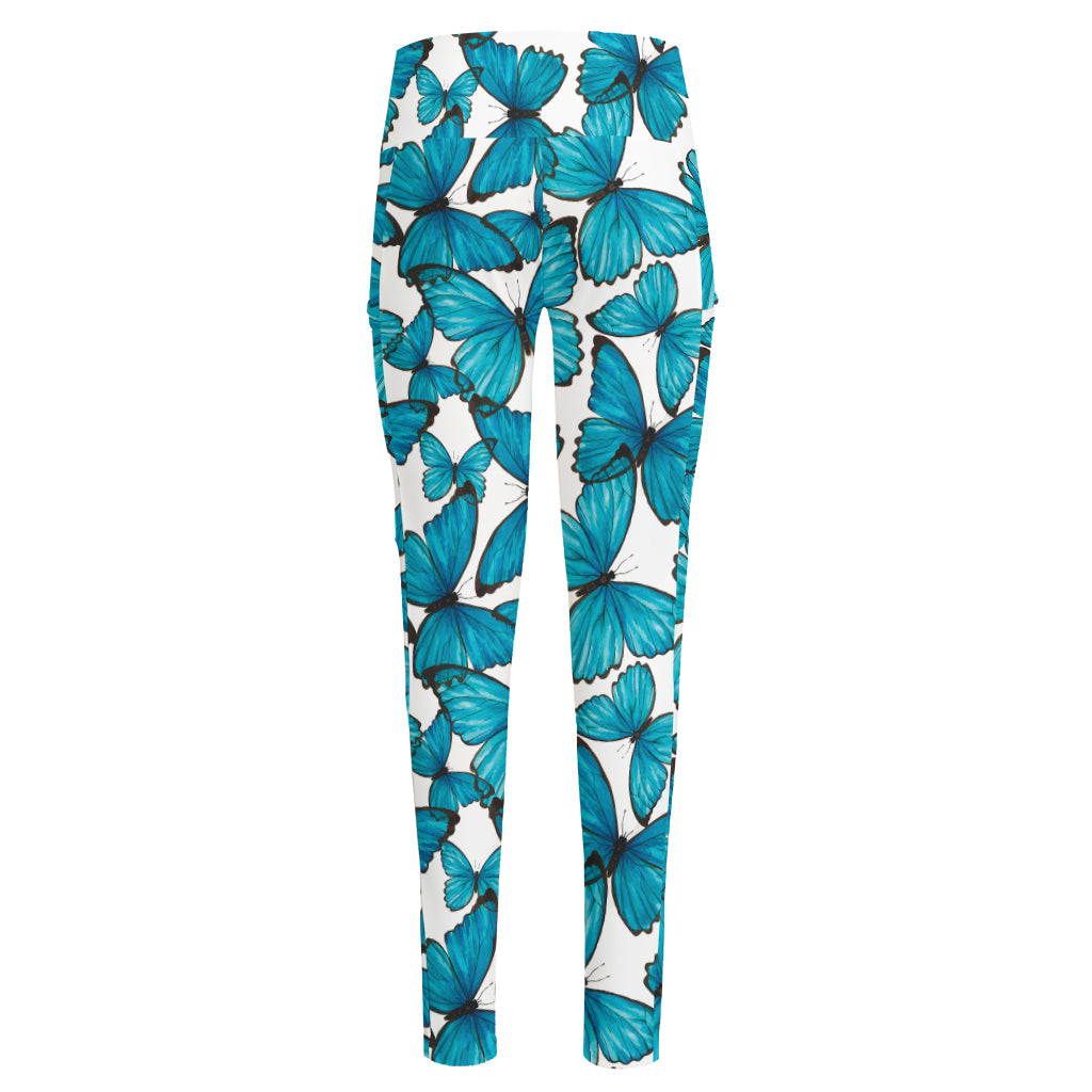 Blue Watercolor Butterfly Pattern Print High-Waisted Pocket Leggings