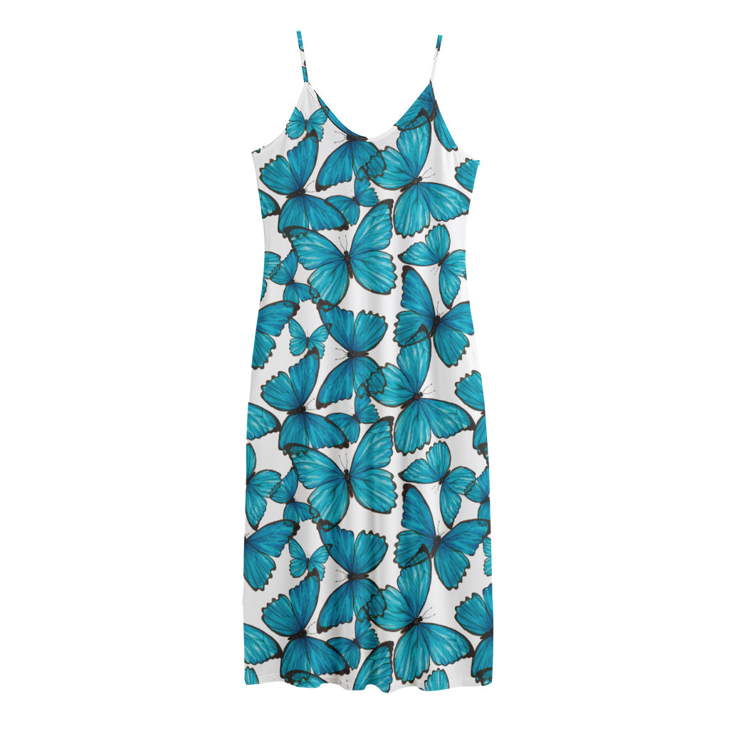 Blue Watercolor Butterfly Pattern Print Jersey Midi Cami Dress