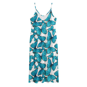 Blue Watercolor Butterfly Pattern Print Jersey Midi Cami Dress