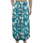 Blue Watercolor Butterfly Pattern Print Lantern Pants