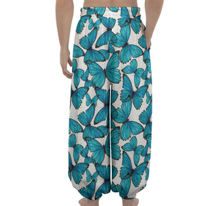 Blue Watercolor Butterfly Pattern Print Lantern Pants